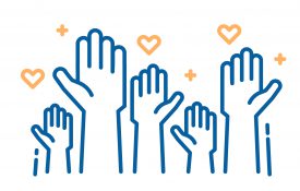 outlines of hands raised with heart and plus sign symbols for healthcare