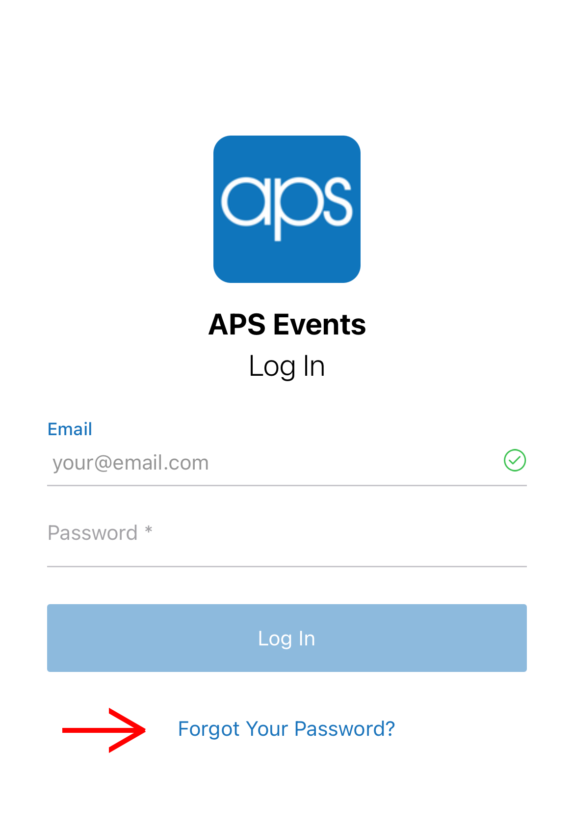 APS Event App Login Screen Password Reset Step 2