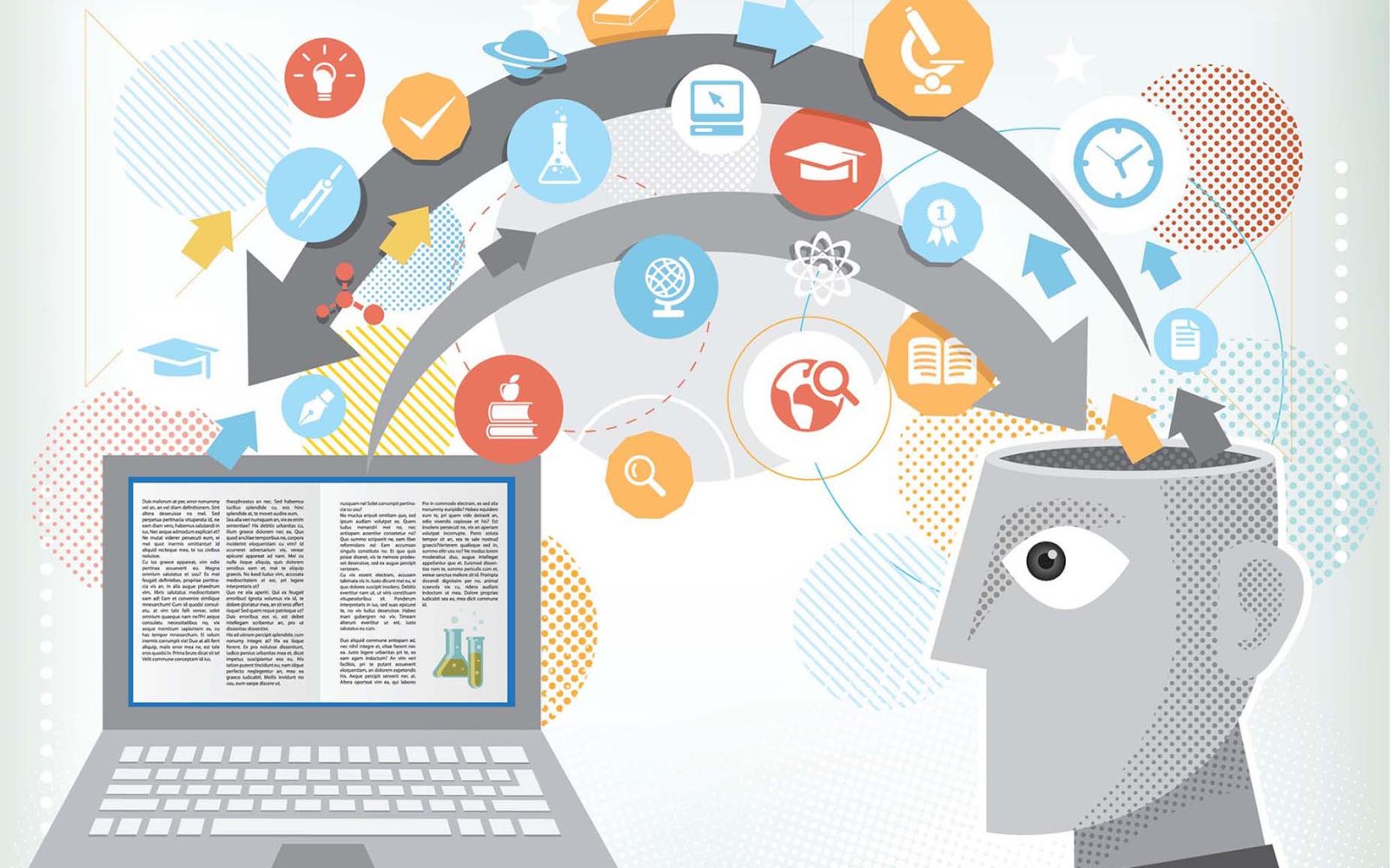 Icons representing different types of information flow to and from a person's brain to a laptop with scientific research on the screen.