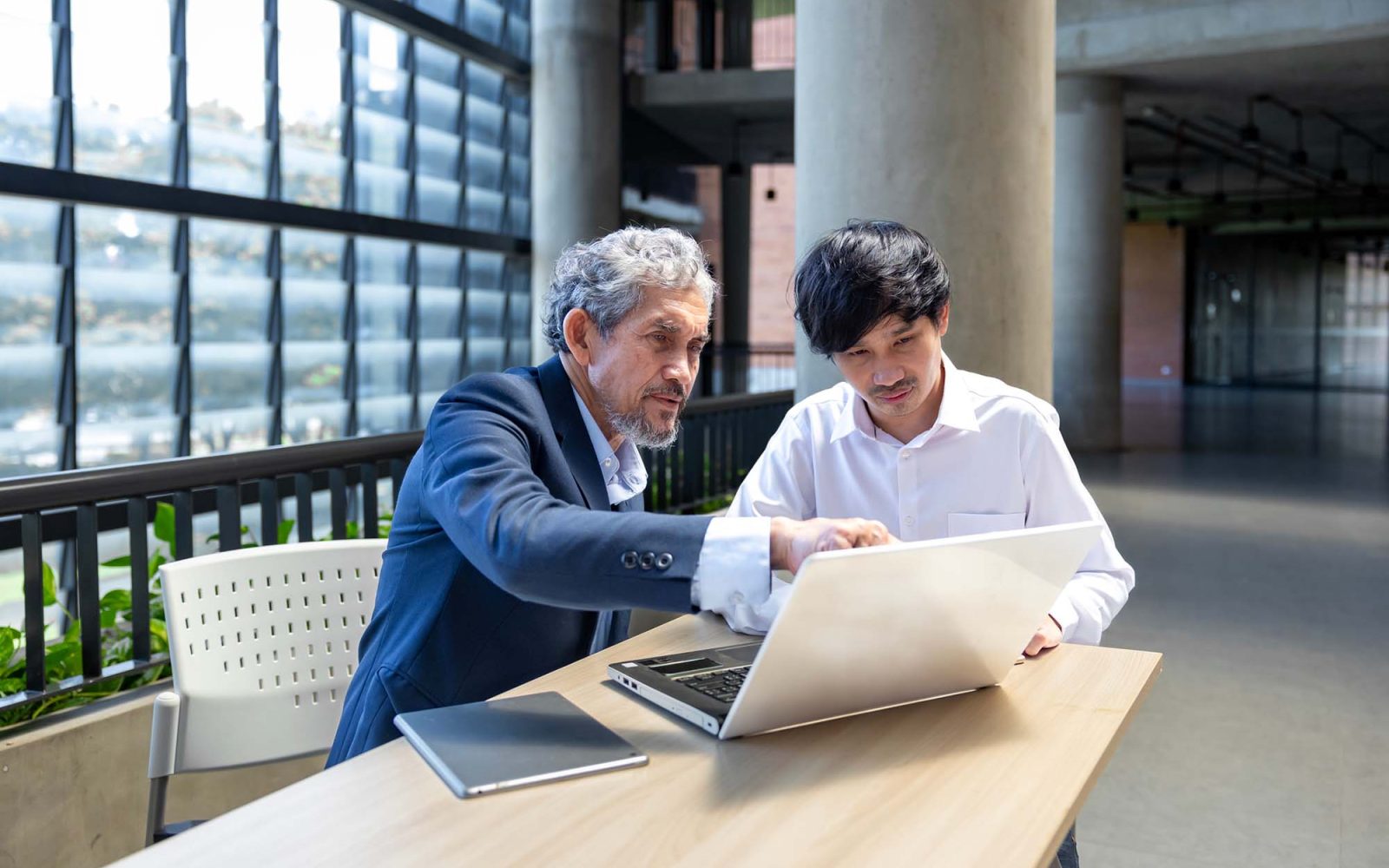 Senior professor giving advice to college student while sitting at a laptop.