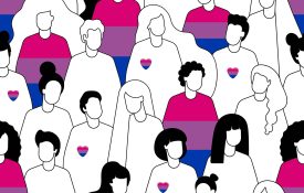 Outlines of different people with the bisexual flag alternating between filling in their heart outlines and clothes